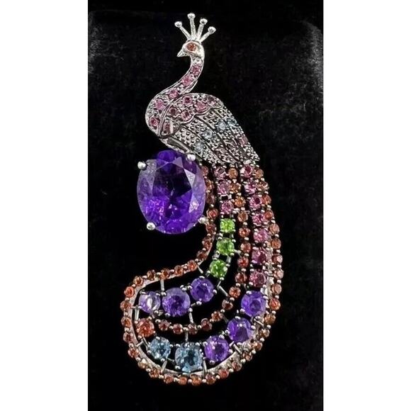 925 Sterling Crystal Peacock Pendant Necklace 2” Signed DK Bird Rhinestones - Picture 1 of 8